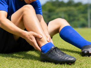 スポーツによる足首の痛みを確認する男性
